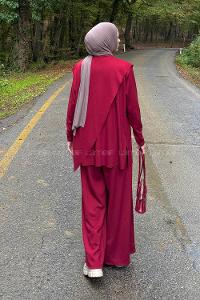 Claret Red Normal Neck Long Arm Cotton Elastan Regular Trousers Comfortable Suit