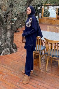 Navy Blue Neckband Long Arm Acrylic Knitwear Regular Trousers Comfortable Suit