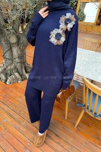 Navy Blue Neckband Long Arm Acrylic Knitwear Regular Trousers Comfortable Suit