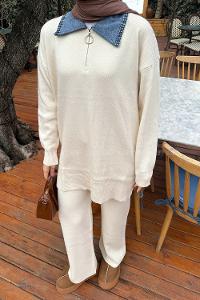 Lamelif Garnili Yaka Triko Takım Bej