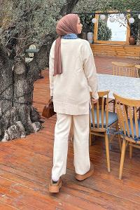 Lamelif Garnili Yaka Triko Takım Bej