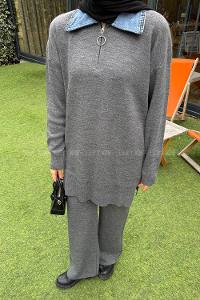 Lamelif Garnili Yaka Triko Takım Füme