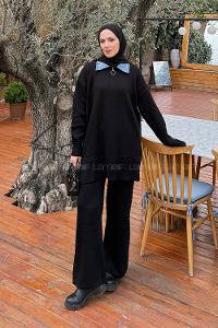 Lamelif Garnili Yaka Triko Takım Siyah