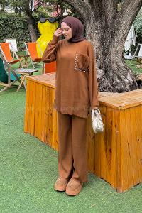 Lamelif Peluş Cep Triko Takım Camel