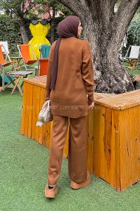 Lamelif Peluş Cep Triko Takım Camel