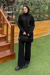 Lamelif Peluş Cep Triko Takım Siyah