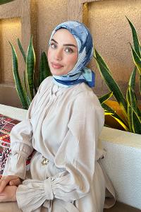 Lamelif Bohem Çiçek Desen Bambu Eşarp Gece Mavisi