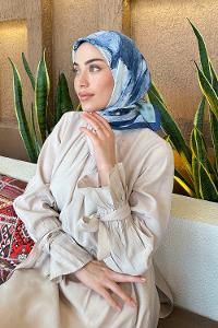 Lamelif Bohem Çiçek Desen Bambu Eşarp Gece Mavisi