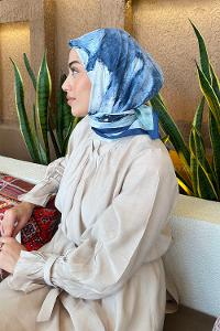 Lamelif Bohem Çiçek Desen Bambu Eşarp Gece Mavisi