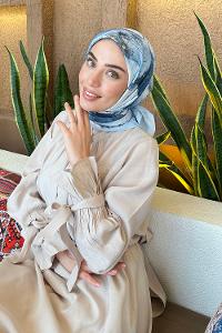 Lamelif Bohem Çiçek Desen Bambu Eşarp Gök Mavi