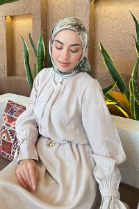 Lamelif Bohem Çiçek Desen Bambu Eşarp Haki