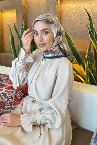 Lamelif Bohem Çiçek Desen Bambu Eşarp Siyah Vizon