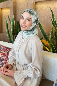 Lamelif Bohem Çiçek Desen Bambu Eşarp Su Yeşili