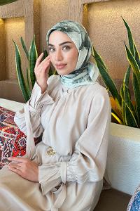 Lamelif Bohem Çiçek Desen Bambu Eşarp Su Yeşili