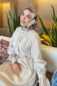 Lamelif Bohem Çiçek Desen Bambu Eşarp Sütlü Kahve