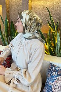 Lamelif Çiçek Desen Bambu Eşarp Asker Yeşili