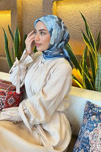 Lamelif Çiçek Desen Bambu Eşarp Gece Mavisi