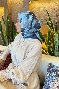 Lamelif Çiçek Desen Bambu Eşarp Gece Mavisi