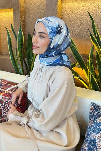 Lamelif Çiçek Desen Bambu Eşarp Lacivert