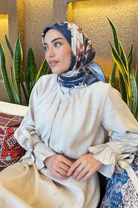 Lamelif Çiçek Desen Bambu Eşarp Lacivert Tarçın