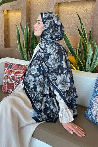 Lamelif Lotus Desen Bambu Şal Lacivert