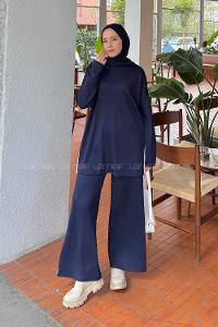 Navy Blue Crew Neck Long Arm Cotton Regular Trousers Comfortable Suit