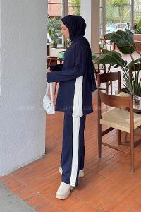 Navy Blue Crew Neck Long Arm Cotton Regular Trousers Comfortable Suit