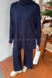 Navy Blue Crew Neck Long Arm Cotton Regular Trousers Comfortable Suit