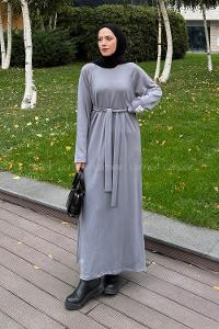 Gray Crew Neck Cotton Elastan Dresess