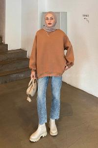 Lamelif Jasmin Bisiklet Yaka Oversize Sweat Camel