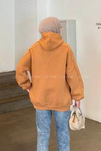Lamelif Kapşonlu Oversize Yan Cepli Sweat Camel