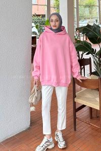 Lamelif Kapüşonlu Salaş Sweatshirt Şeker Pembesi