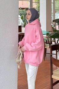 Lamelif Kapüşonlu Salaş Sweatshirt Şeker Pembesi