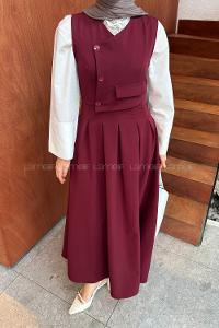 Lamelif Kruvaze Gizli Cep Tesettür Elbise Bordo