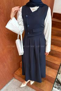 Lamelif Kruvaze Gizli Cep Tesettür Elbise Lacivert