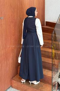 Lamelif Kruvaze Gizli Cep Tesettür Elbise Lacivert