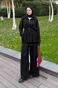 Lamelif Pile Detaylı Takım Siyah