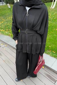 Lamelif Pile Detaylı Takım Siyah