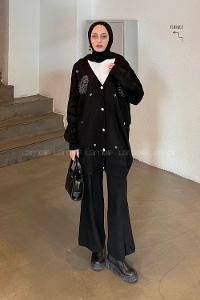 Black V Neck Long Arm Acrylic Knitwear Regular Trousers Comfortable Suit