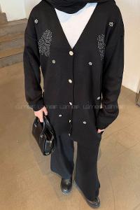 Black V Neck Long Arm Acrylic Knitwear Regular Trousers Comfortable Suit