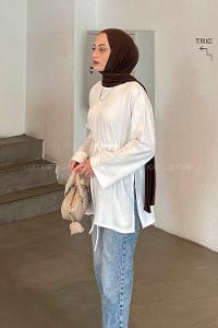 Lamelif Yırtmaç Detaylı Sweat Beyaz