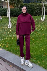 Lameli Kanguru Cep Modal Takım Bordo