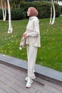 Lameli Kanguru Cep Modal Takım Krem