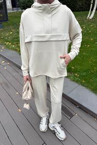 Lameli Kanguru Cep Modal Takım Krem