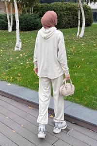 Lameli Kanguru Cep Modal Takım Krem