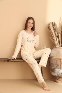Lamelif Bisiklet Yaka Bamboo Kumaş Pijama Takımı Krem