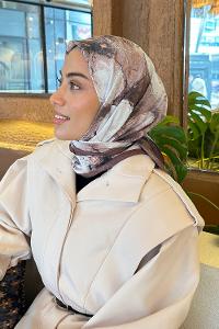 Lamelif Bohem Çiçek Desen Bambu Eşarp Çikolata Kahve