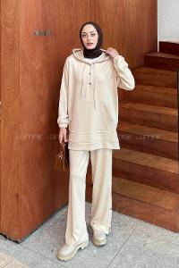 Beige Hood Neck Long Arm Cotton Regular Trousers Comfortable Suit
