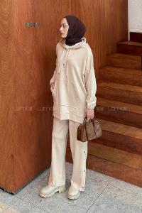 Beige Hood Neck Long Arm Cotton Regular Trousers Comfortable Suit