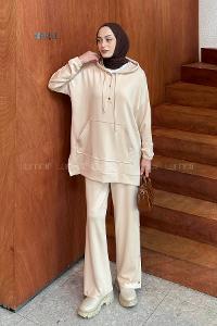 Beige Hood Neck Long Arm Cotton Regular Trousers Comfortable Suit